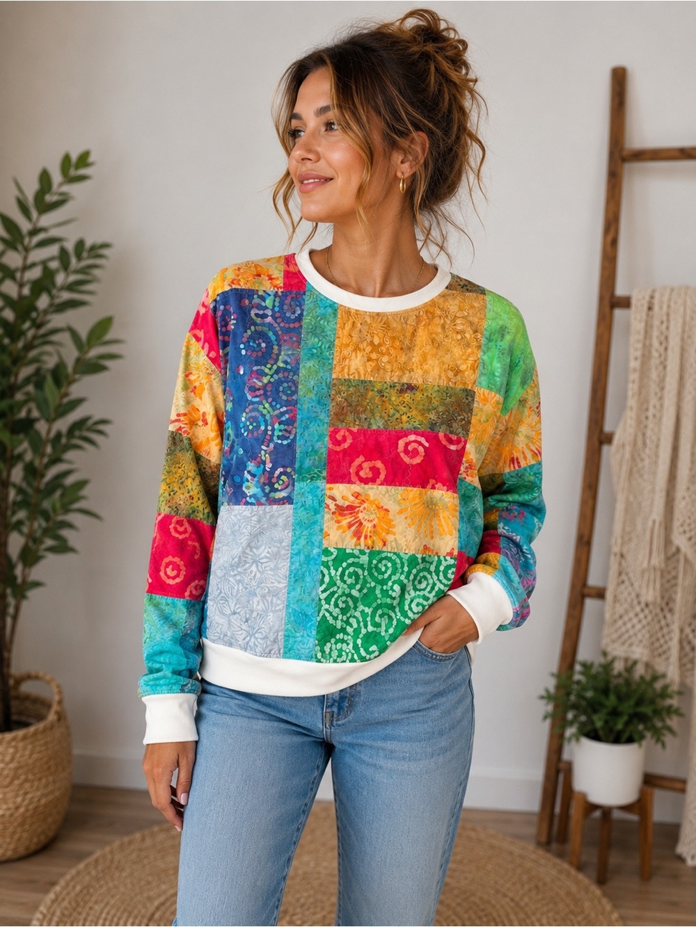 Old Navy Upcycled Handmade Patchwork Batik Crewneck Sweatshirt Women’s L